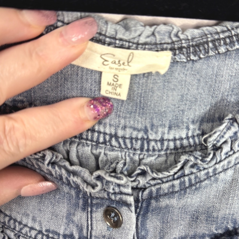 Easel Los Angeles Blue Denim Look Tencel‎ Babydoll Mini Dress Ruffle Small Boho - Picture 3 of 5